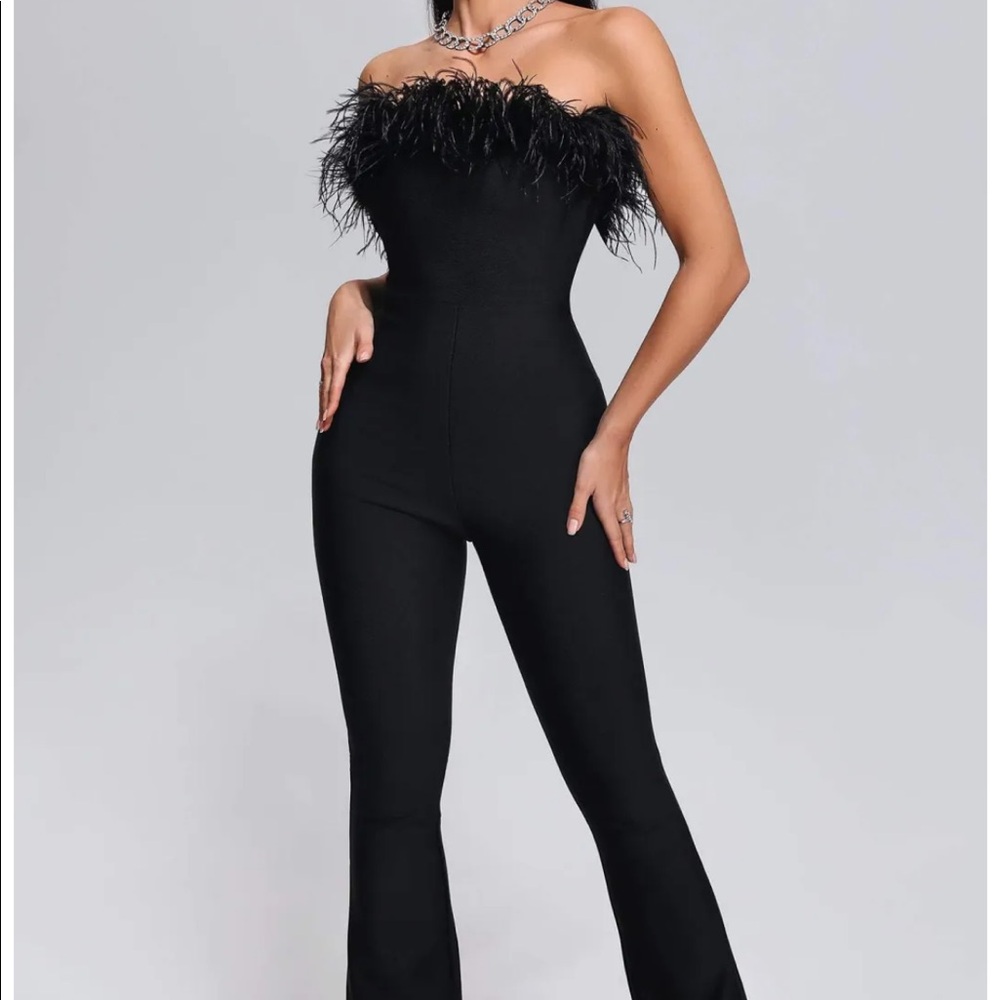 Black Feather Bandage Jumpsuit